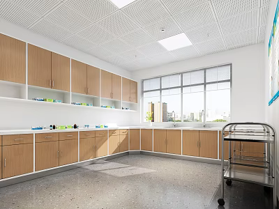 Hospital Outpatient Clinic Interior With Wooden Cabinets White Countertops Windows And Medical Cart 3d model
