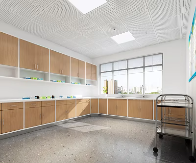 Hospital Outpatient Clinic Interior With Wooden Cabinets White Countertops Windows And Medical Cart 3d model