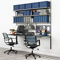 Practical Home Office Desk With Two Chairs Bookcase Storage And Computer Supplies 3d model
