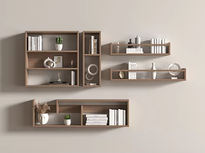 Wooden Wall Shelves in Modern Home Interior with Books Potted Plants Photo Frames and Decor Items 3d model