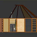 Circular Wooden Building With Open Interior Fireplace Sloped Roof And Railing