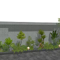 Lush Green Plants and Flowers Along Modern Gray Wall with Stones and Trees