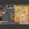 Cartoon Scene of Cozy Indoor Room with Staircase Fireplace Green Table and Colorful Furniture