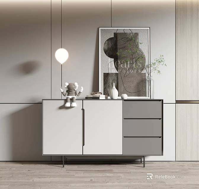Modern Minimalist Entryway Cabinet Sideboard With Small Figurine Vase Plant And Hanging Lamp Artwork 3d model 