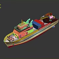 Yellow Cargo Boat with Red Crane Blue Red Containers and Blue White Stripes