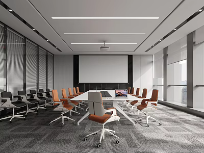 Modern Spacious Conference Room Interior With Large Meeting Table Orange Gray Chairs And Projector Screen 3d model