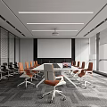 Modern Spacious Conference Room Interior With Large Meeting Table Orange Gray Chairs And Projector Screen