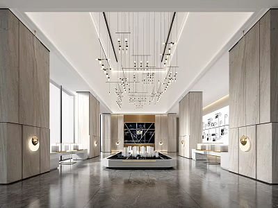 Modern Sales Office Interior Design With Reception Desk And Display Panels 3d model