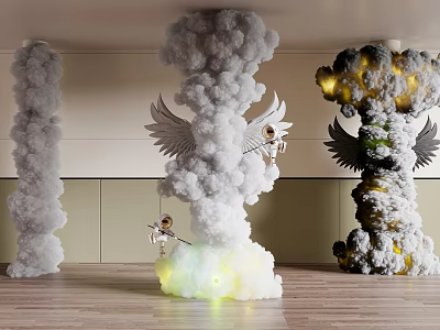 Cloud Shaped Columns With Wings And Astronauts 3d model