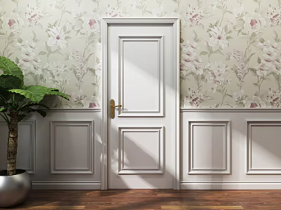 White Swing Door in Room with Floral Wallpaper Wooden Floor and Green Plant 3d model
