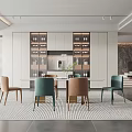Modern Elegant Restaurant Interior With Dining Table Colorful Chairs And Cabinets 3d model