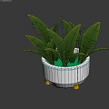 Modern Floral Display with Green Plants White Flower Pot Yellow Feet and Blue Light Strip