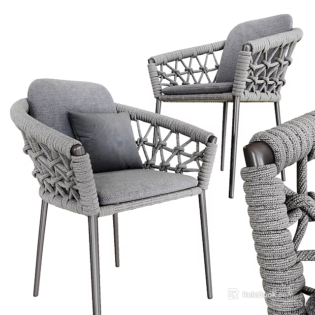 Lounge Chair With Woven Rope Design Gray Cushion Metal Legs And Armrest 3d model 