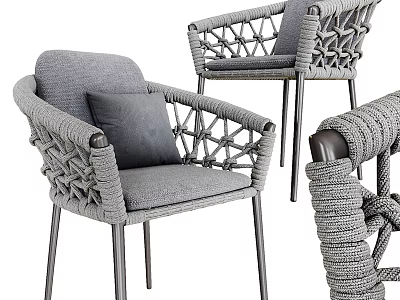 Lounge Chair With Woven Rope Design Gray Cushion Metal Legs And Armrest 3d model