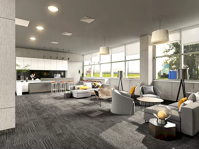 Modern Break Room Interior Design With Comfortable Sofas Tables Cabinets And Large Windows 3d model