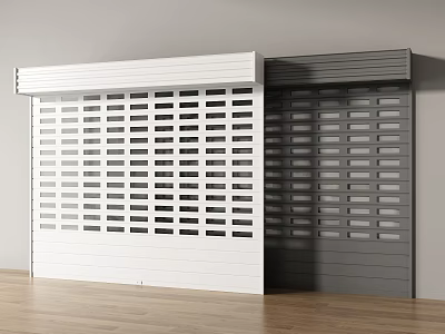 White And Gray Louvered Roll Up Doors Indoor With Wooden Floor And Wall 3d model