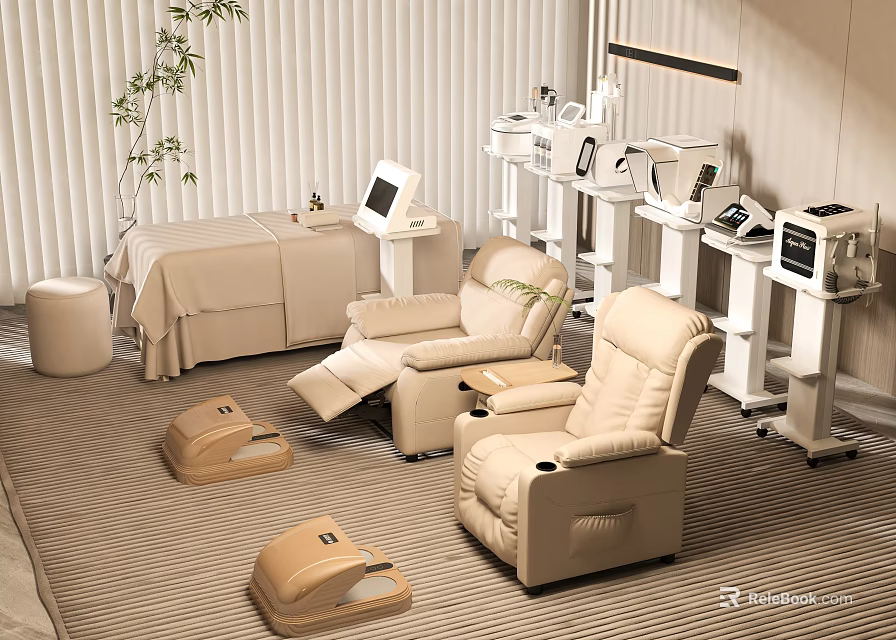 Beauty Hair Salon Interior With Beige Massage Chairs White Carts Beauty Instruments And Striped Carpet 3d model 
