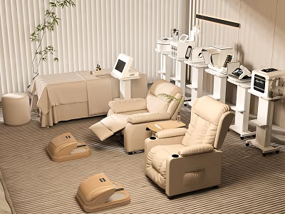 Beauty Hair Salon Interior With Beige Massage Chairs White Carts Beauty Instruments And Striped Carpet 3d model