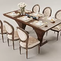 Elegant Wooden Dining Set with Upholstered Patterned Chairs and Tableware with Floral Vase Decor