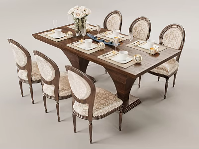Elegant Wooden Dining Set with Upholstered Patterned Chairs and Tableware with Floral Vase Decor 3d model