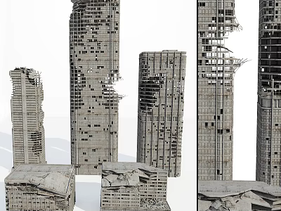 Broken High Rise Building Components Featuring Concrete Ruins And Exposed Steel Bars 3d model