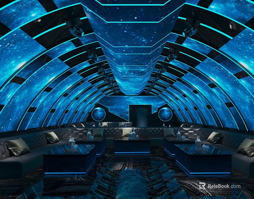 Modern Starry KTV Interior With Curved Ceiling Blue Lighting And Comfortable Sofas 3d model