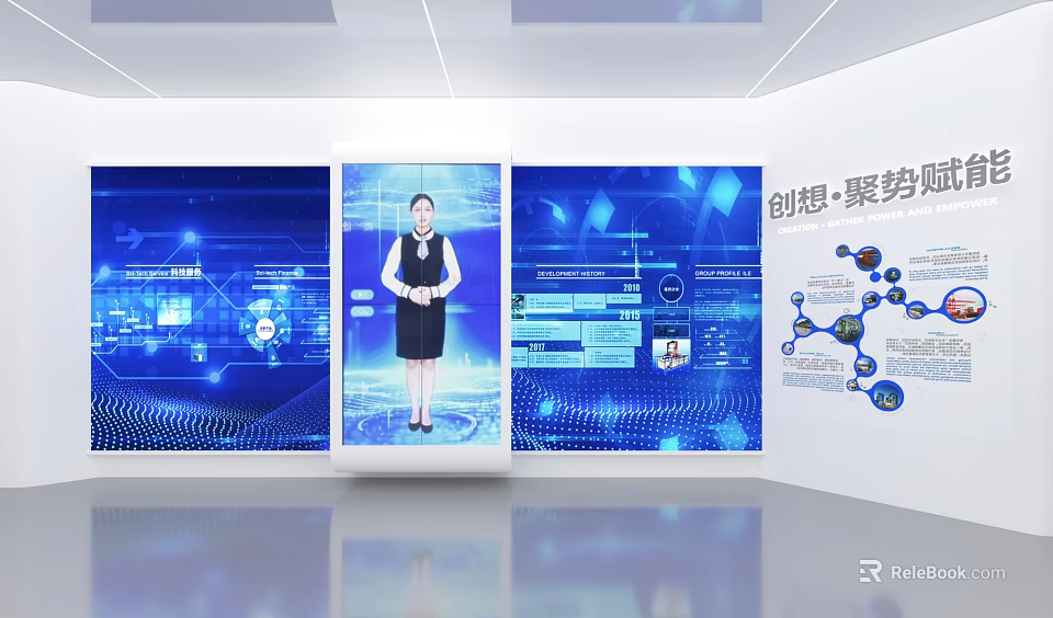 Technology Exhibition Hall Featuring Interactive Digital Screens Data Visualization And Staff Guide 3d model 