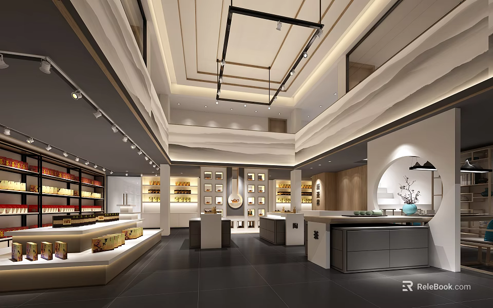 Elegant Specialty Store Interior With Wooden Shelves Display Counters And Warm Lighting 3d model 