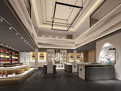 Elegant Specialty Store Interior With Wooden Shelves Display Counters And Warm Lighting 3d model