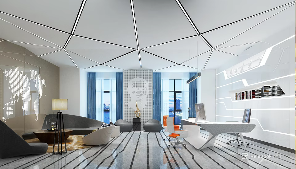 Modern Office Interior With Geometric Ceiling Large Windows Sofa Area And Orange Chair 3d model 