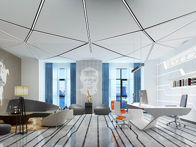 Modern Office Interior With Geometric Ceiling Large Windows Sofa Area And Orange Chair 3d model