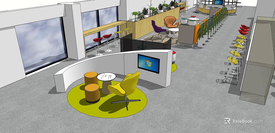 Modern Lounge Area Interior With Yellow Chairs Round Table TV Screen And Green Plants 3d model 