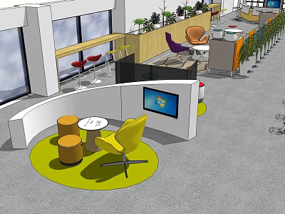 Modern Lounge Area Interior With Yellow Chairs Round Table TV Screen And Green Plants 3d model