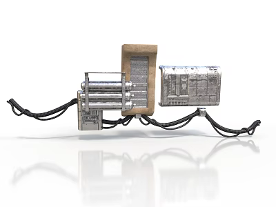 Industrial Mechanical Device With Metal Components Wooden Panel And Black Cables 3d model