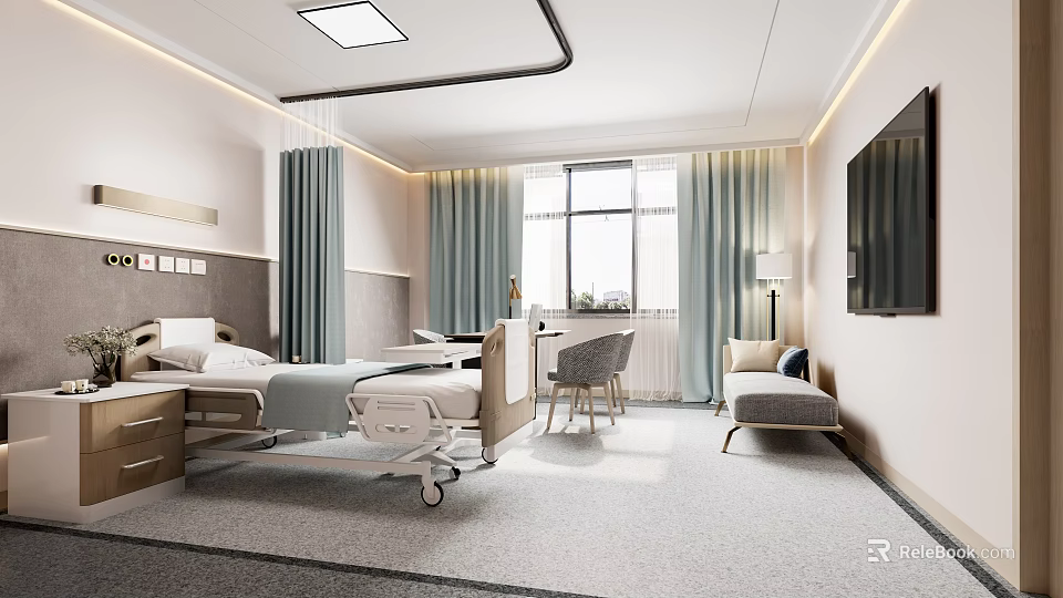 Modern Hospital Outpatient Ward Interior With Bed Curtains And Sofa 3d model 