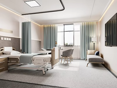Modern Hospital Outpatient Ward Interior With Bed Curtains And Sofa 3d model