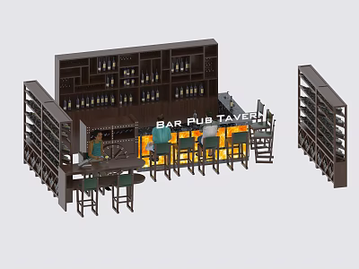 Stylish Pub Tavern Bar Counter With Wooden Shelves Bottles And Stools 3d model