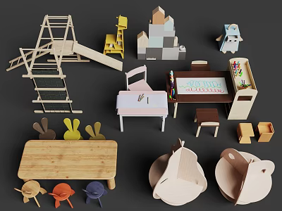 Kids Table With Wooden Chairs Building Blocks Slide And Colorful Play Toys 3d model
