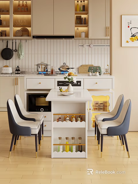 Modern Open Kitchen Interior With White Island Counter Dining Chairs And Cabinets 3d model 
