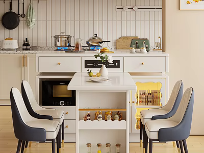 Modern Open Kitchen Interior With White Island Counter Dining Chairs And Cabinets 3d model