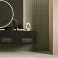 Bathroom Vanity With Black Cabinet Double Faucets And Circular Ring Light Mirror On Green Tiled Wall