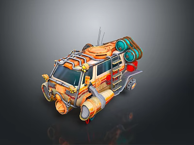 Futuristic Modified Vehicle With Orange Yellow Blue Details Mechanical Pipes And Antenna 3d model