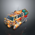 Futuristic Modified Vehicle With Orange Yellow Blue Details Mechanical Pipes And Antenna
