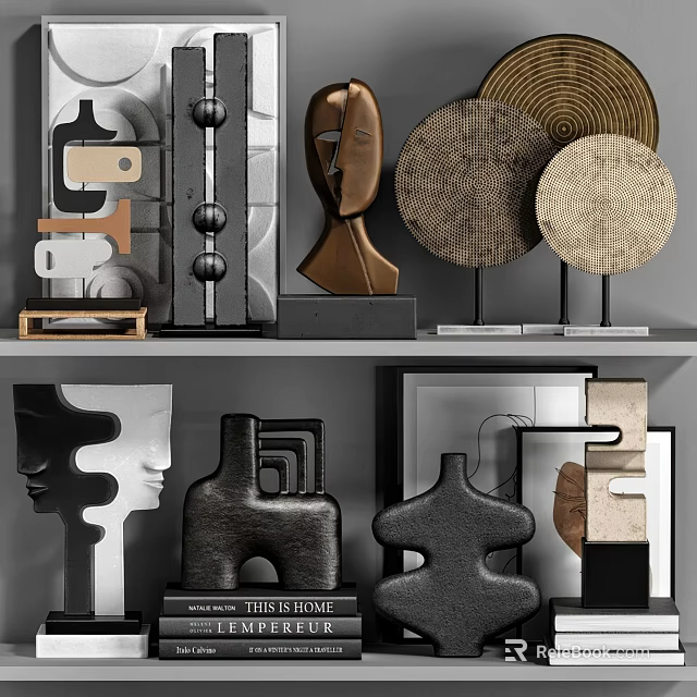 Modern Decorative Ornament Combination with Abstract Sculptures Geometric Shapes and Textured Disks on Display Shelf 3d model 