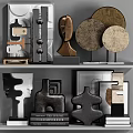 Modern Decorative Ornament Combination with Abstract Sculptures Geometric Shapes and Textured Disks on Display Shelf