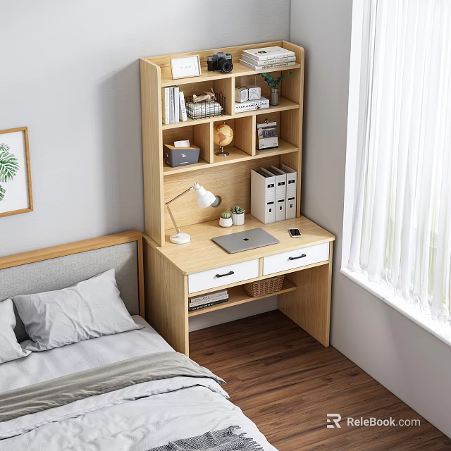 Wooden Desk with Bookshelf Books Globe Laptop Table Lamp and Drawers in Bedroom 3d model 