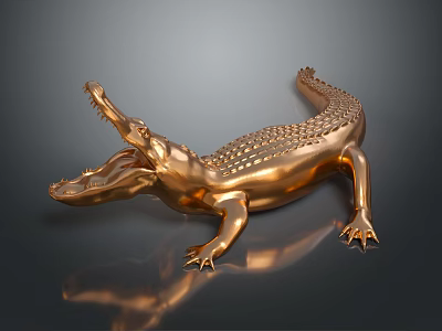 Golden Crocodile Statue With Open Mouth Scaly Skin And Reflection On Dark Background 3d model