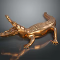 Golden Crocodile Statue With Open Mouth Scaly Skin And Reflection On Dark Background