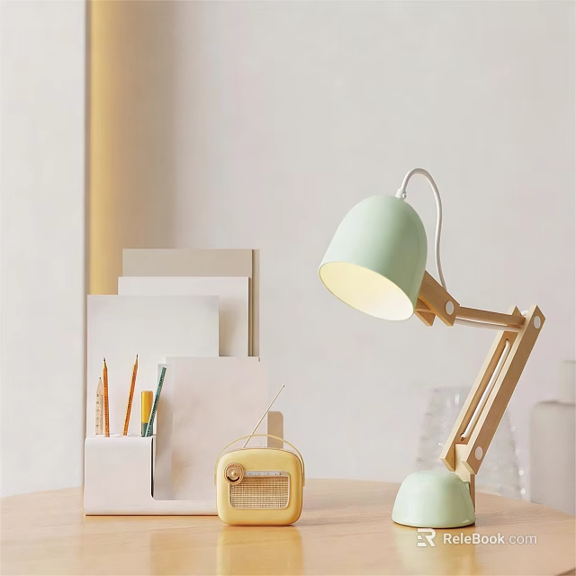 Light Green Minimalist Table Lamp with Wooden Base on Desk for Study and Stationery 3d model 