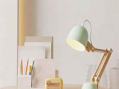 Light Green Minimalist Table Lamp with Wooden Base on Desk for Study and Stationery 3d model